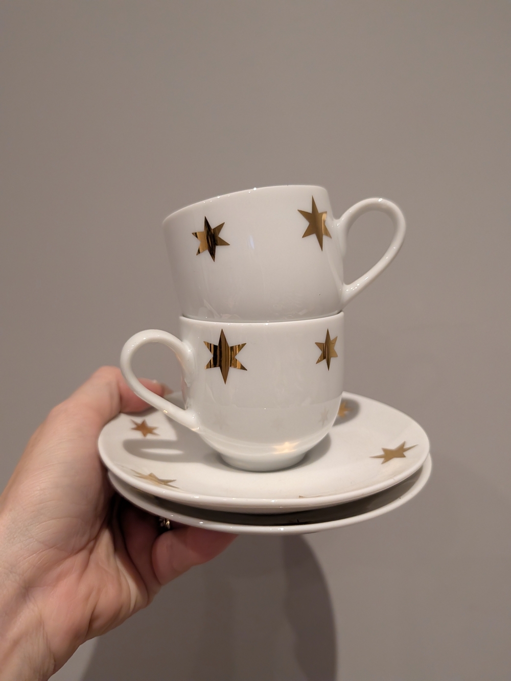 White Porcelain Espresso Cup & Saucer Set with Gold Stars